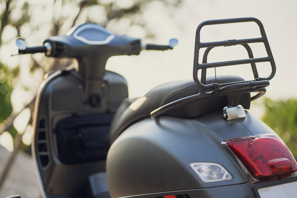 a close up of a motorcycle parked on a street