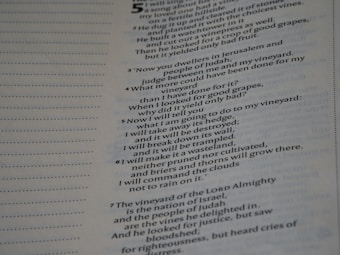 A printed page featuring text from a religious scripture with verses numbered and indented lines. The left side of the page is blank with dotted lines for note-taking.