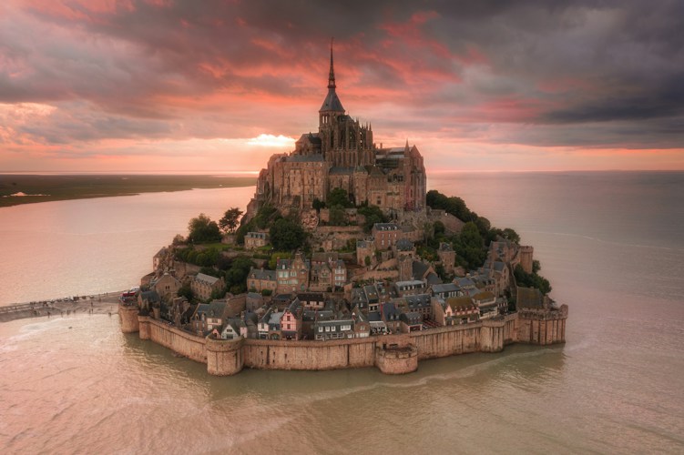 Mont-Saint-Michel abbey rising above the tidal bay in Normandy, France