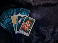 a group of cards sitting on top of a table