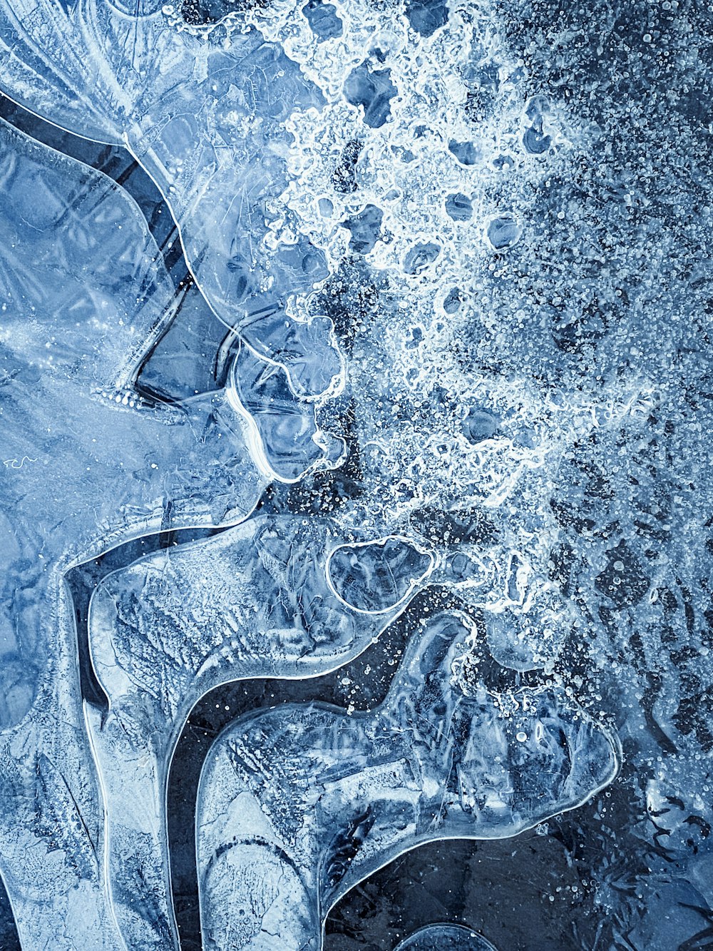 a close up view of water and ice