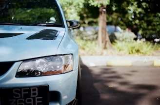 A close-up view of the front left side of a blue car with prominent headlights and a visible license plate. The background features a tree and blurred greenery, suggesting an outdoor setting.