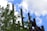Tall industrial smokestacks rise against a backdrop of a blue sky dotted with white clouds. In the foreground, lush green tree branches provide a stark contrast to the rusty brown of the industrial structures.