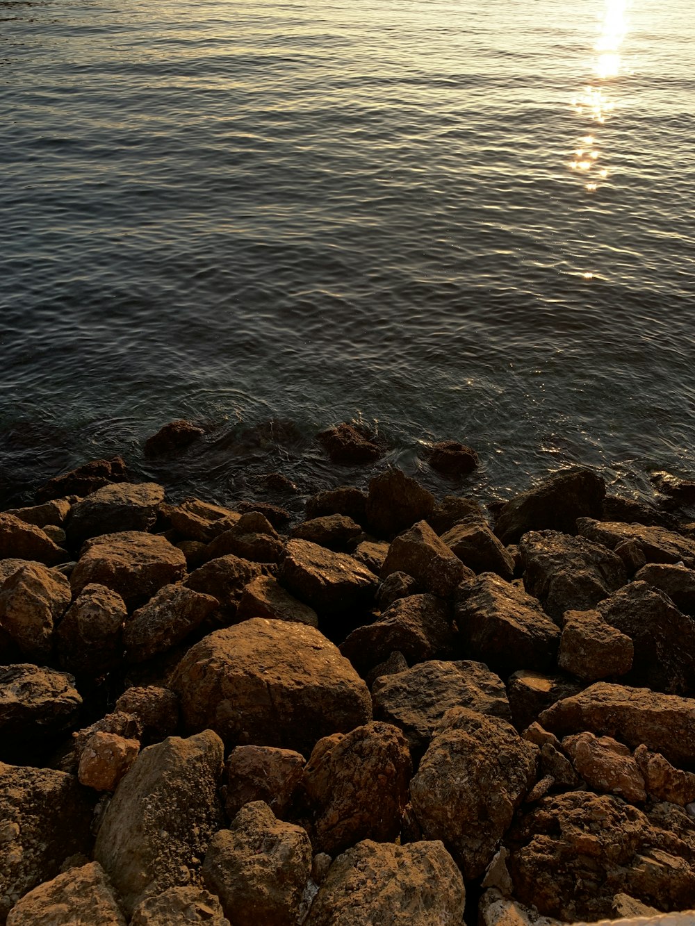 a view of a body of water with rocks in the foreground