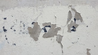 Peeling and cracked plaster on a wall, revealing darker patches underneath. The surface shows various layers of wear over time, creating an aged and weathered appearance.