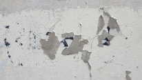 Peeling and cracked plaster on a wall, revealing darker patches underneath. The surface shows various layers of wear over time, creating an aged and weathered appearance.