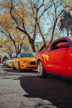 a line of cars parked on the side of a road