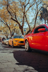 a line of cars parked on the side of a road