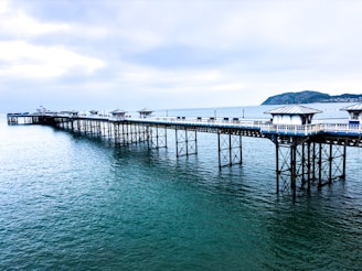 a pier on a body of water under a cloudy sky