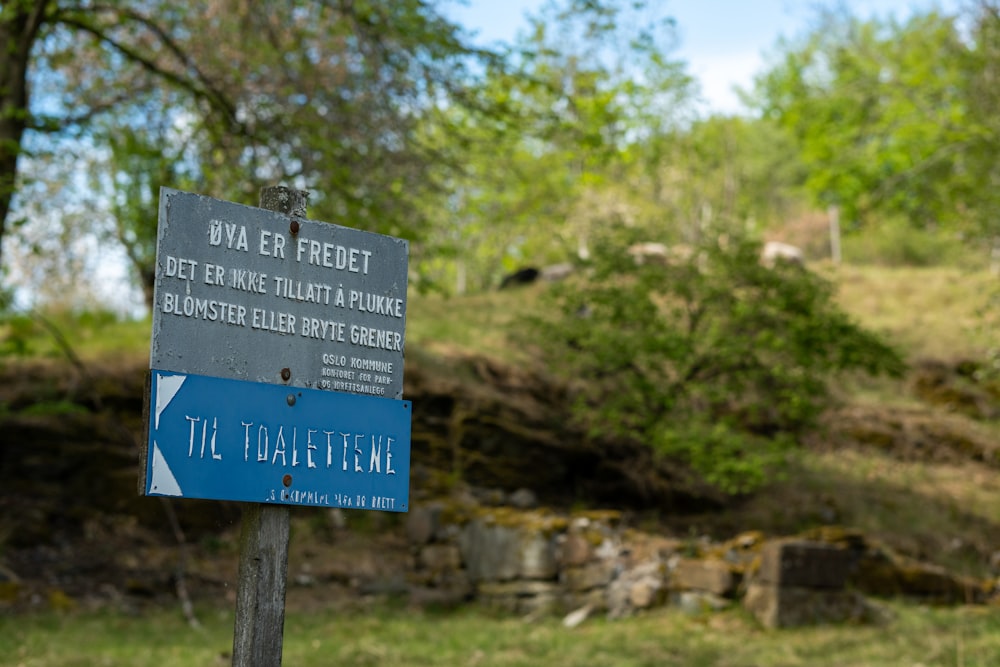 a blue sign sitting on the side of a lush green hillside