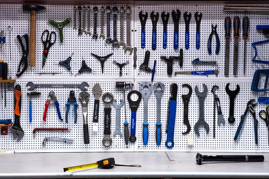Organized wall of professional tools