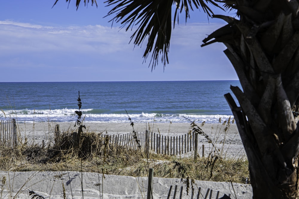 a view of a beach from behind a fence