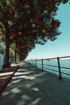 A scenic walkway along the waterfront lined with lanterns and blooming flowers at twilight