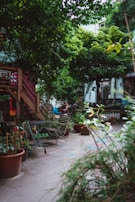 An urban garden scene featuring wooden chairs and tables scattered around a paved area. Potted plants abound, with lush greenery dominating the space. A wooden stairway leads to a higher level, and bicycles and people are visible in the background. The atmosphere suggests a cozy, communal outdoor area.