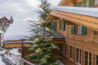A wooden chalet with green shutters on the windows is covered by a thick layer of snow on the roof. Tall evergreen trees are partially covered in snow, surrounding the chalet, with a mountainous backdrop partially visible. Another similar chalet is seen in the distance.