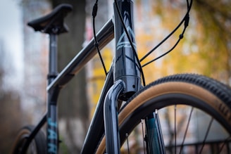 A close-up view of a bicycle showcasing its front section, including the handlebars, frame, and front wheel. The background features an out-of-focus outdoor environment with trees and buildings, suggesting an urban setting. The bike’s frame appears to be sleek and modern, with a glossy black finish and tan-colored rubber tires.