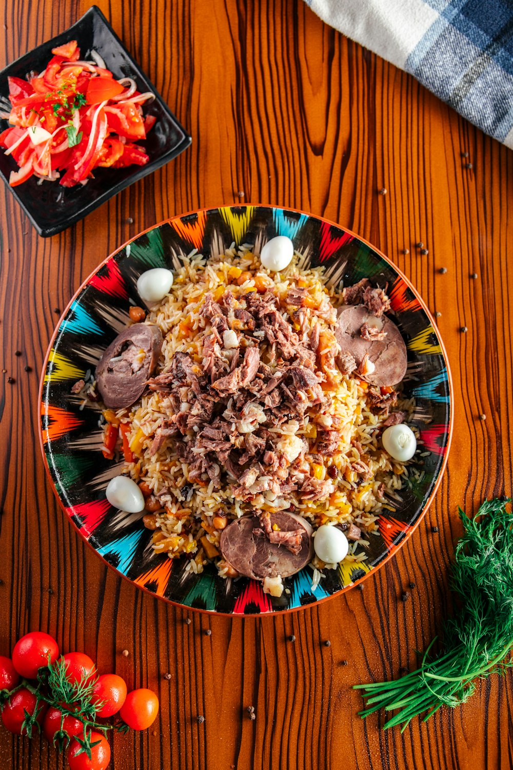 a plate of food on a wooden table