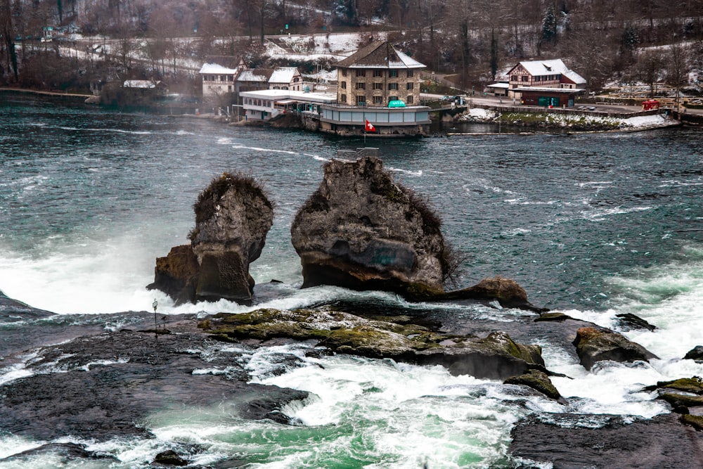 a large body of water surrounded by rocks