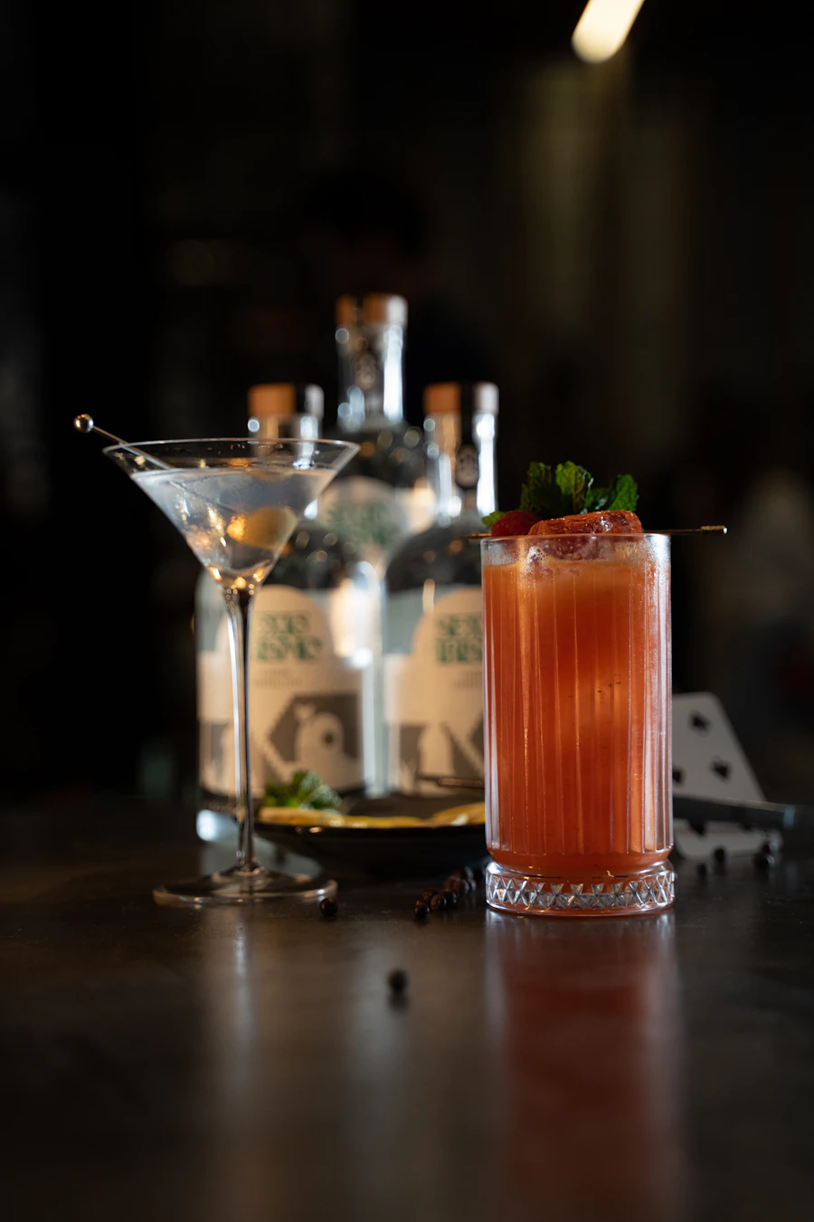 Craft cocktails on a bar counter