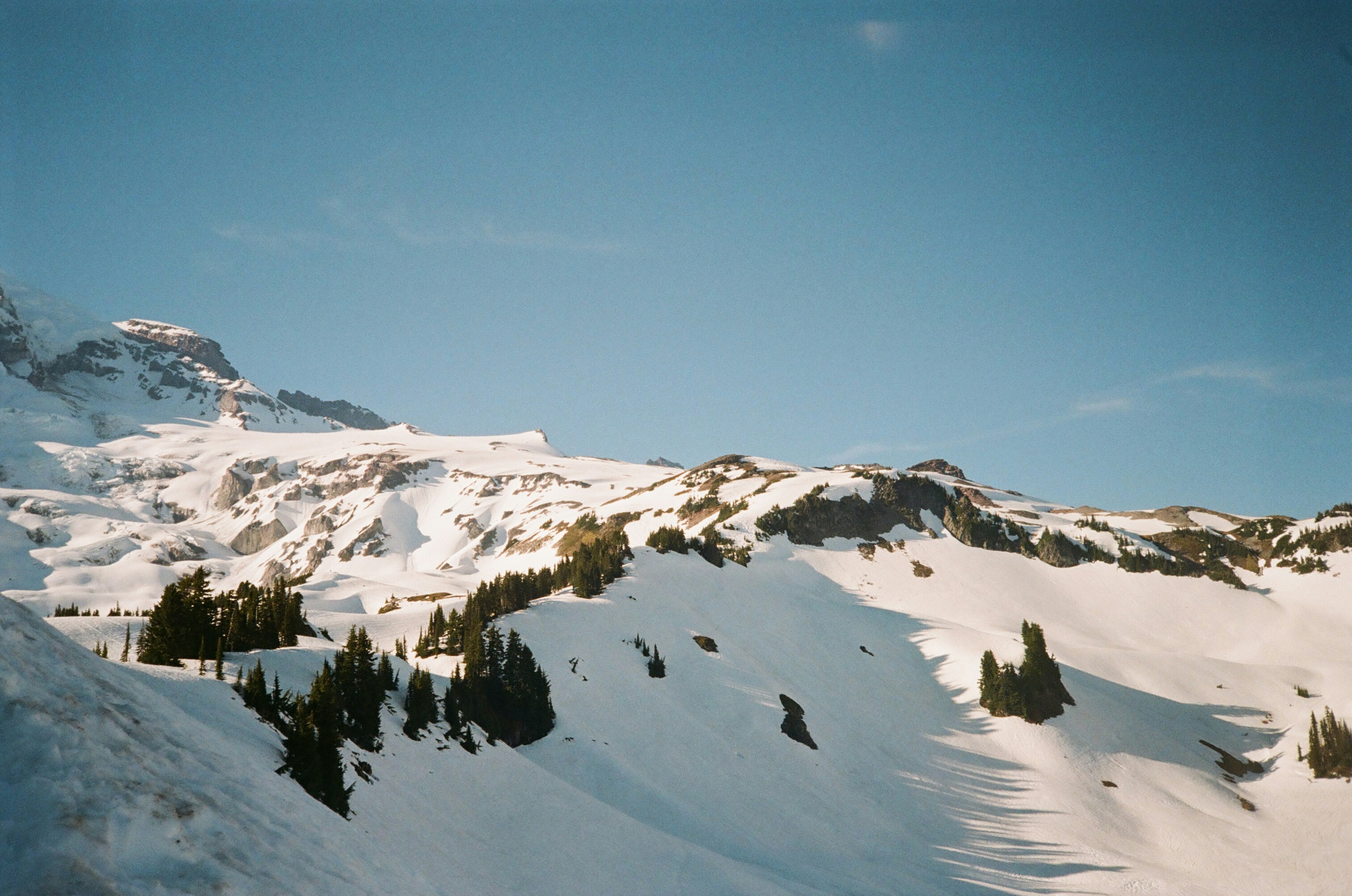 ein schneebedeckter Berg mit Bäumen an der Seite