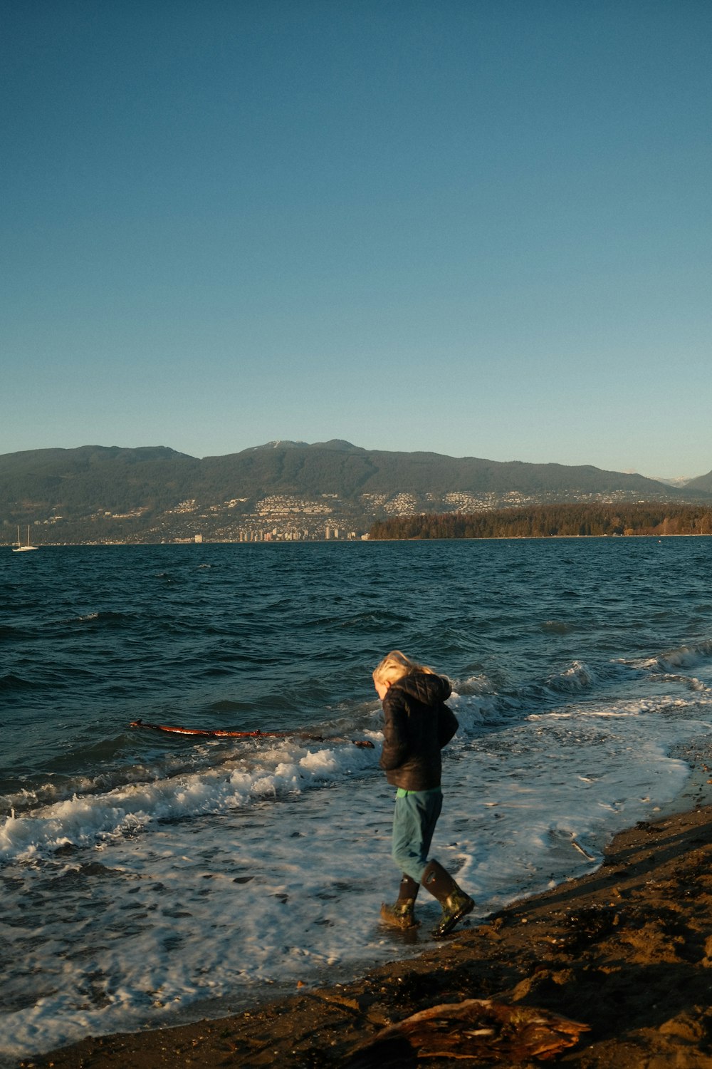 a man walking along the shore of a lake