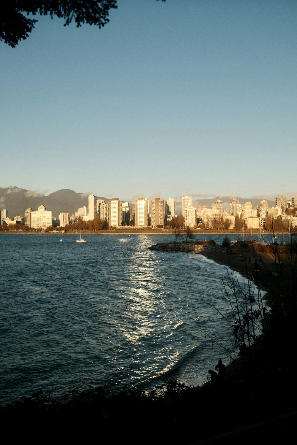 a body of water with a city in the background