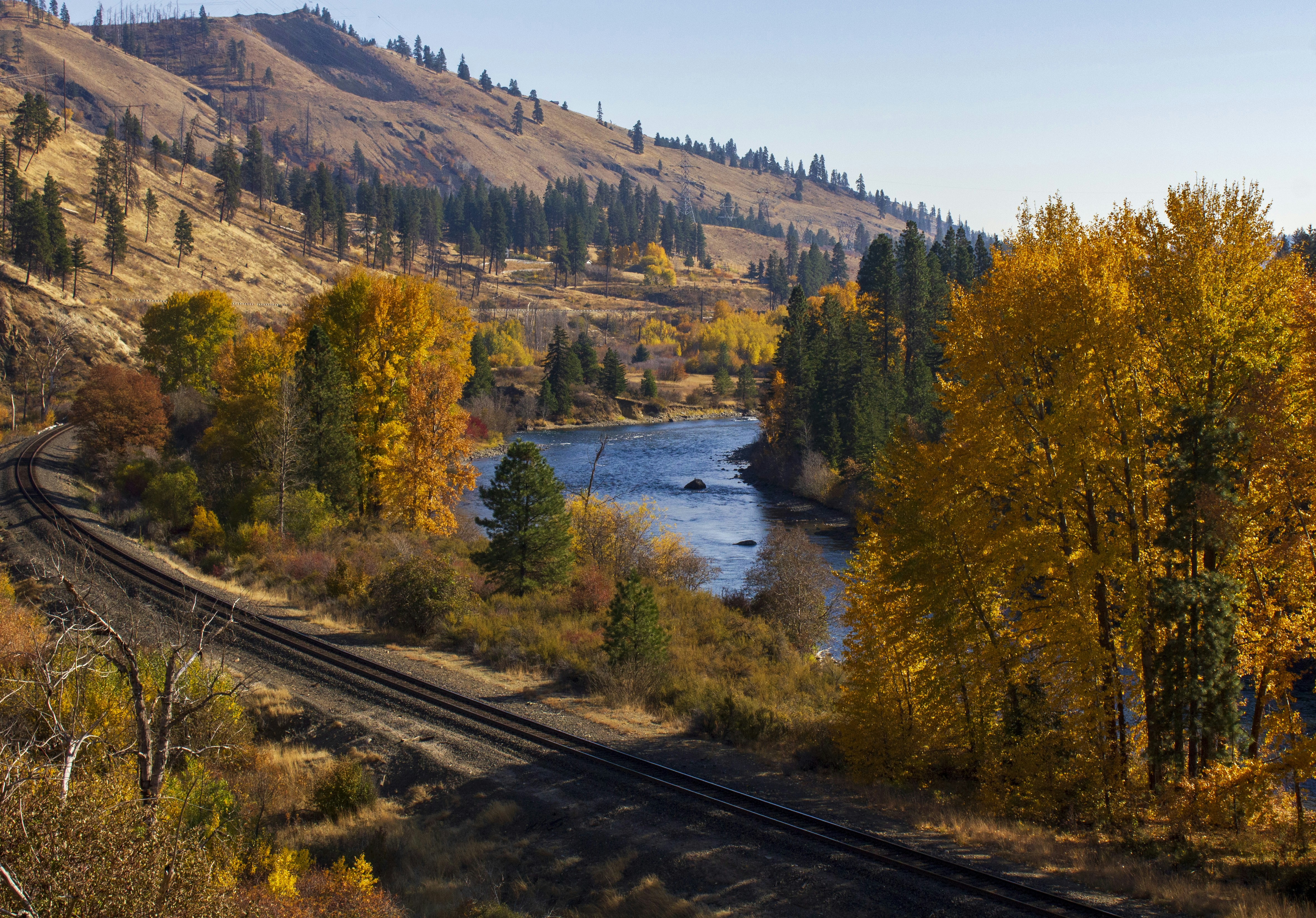 a train traveling down train tracks next to a river
