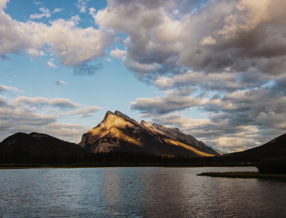 a lake with mountains in the background under a cloudy sky