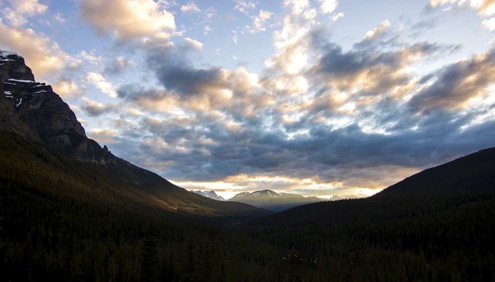 a view of a valley with mountains in the background