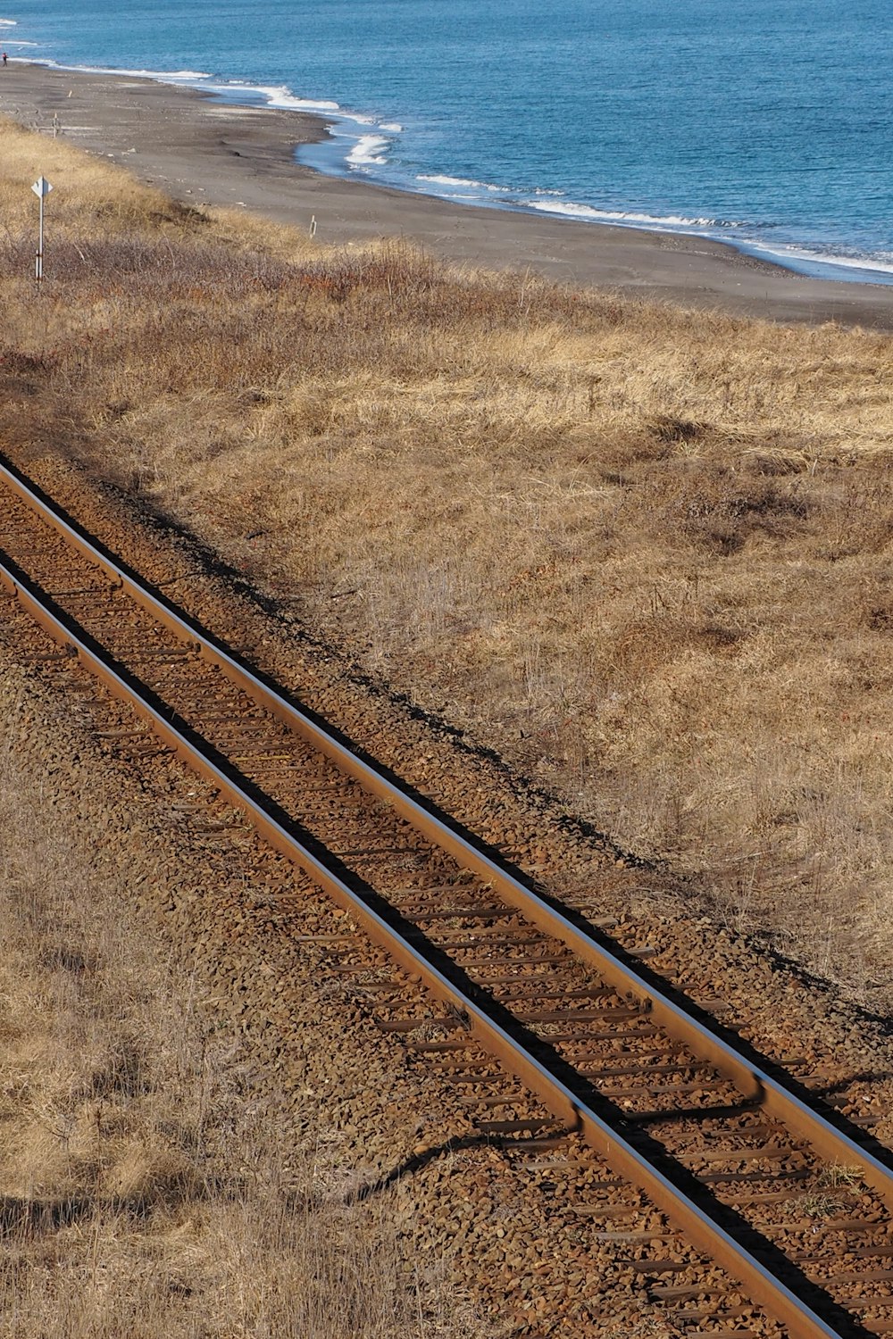 a train track running along a beach next to the ocean