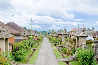 a long narrow path between two buildings in a village