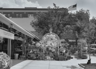 An outdoor area with various plants and garden items arranged under a large decorative structure. The setting appears to be a nursery or garden center with potted plants and other decorative items. In the background, there is a building with an American flag flying on top. A sign labeled 'hawthorne' is visible on a building structure to the left.