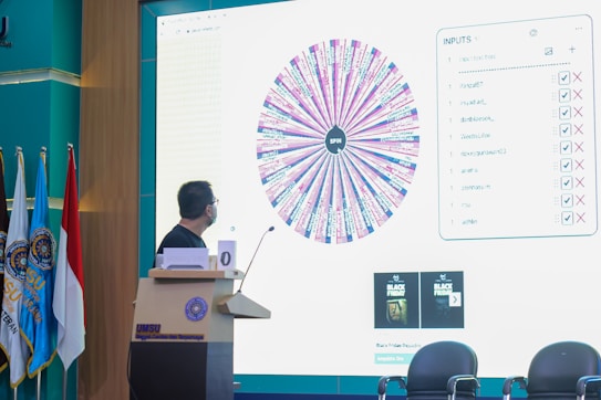 A person wearing a mask is standing at a podium looking at a large screen displaying a colorful spin wheel and a checklist. Several flags are positioned to the left of the screen and podium. The environment seems to be a formal setting, such as a lecture hall or conference room.