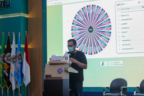 A person wearing a mask stands at a podium in front of a large screen displaying a colorful spinning wheel with names and a list of inputs. Several flags are positioned to the left, and a banner on the podium features UMSU's logo and name. The setting appears to be an indoor conference or seminar.
