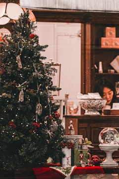 A Christmas tree decorated with various ornaments and lights, placed in a welcoming indoor setting. Underneath the tree, there are wrapped gifts and a decorative snow globe. In the background, a person is seen working at a wooden counter that holds various items including a large decorative bowl and some gift boxes.