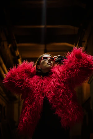 Red jacket worn outdoors