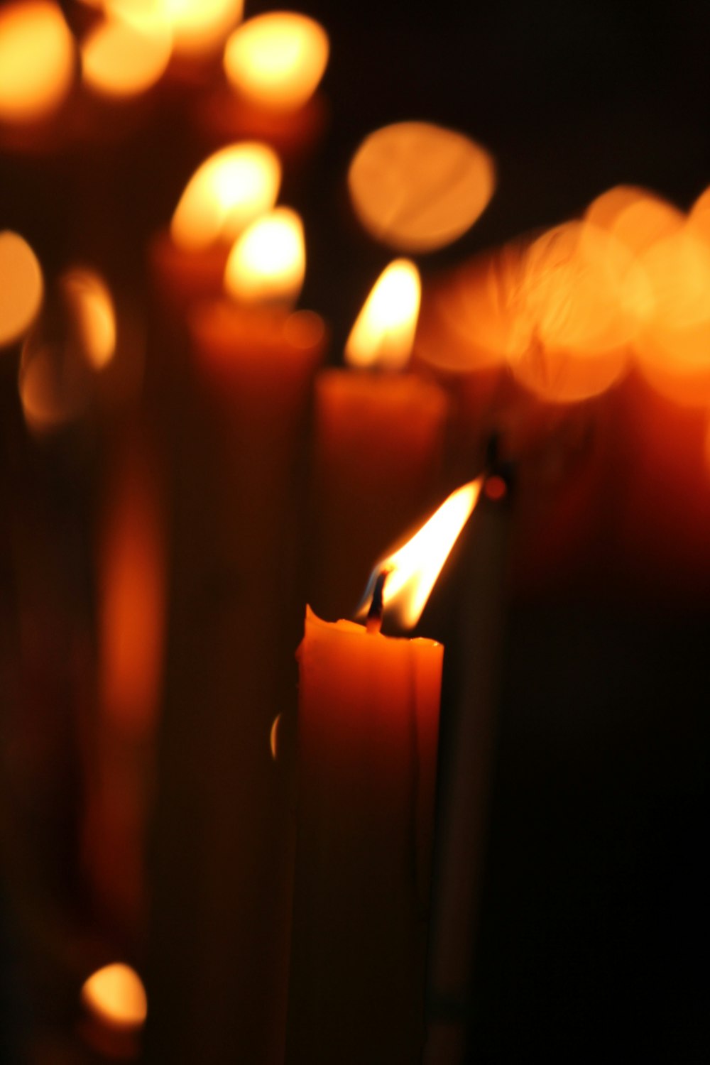 a group of lit candles sitting next to each other