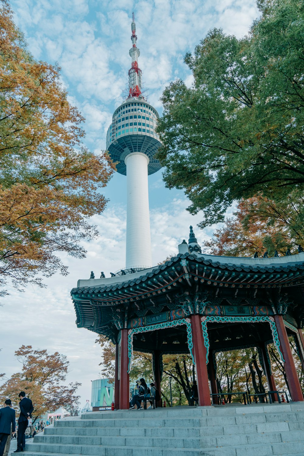 a pagoda with a tall tower in the background