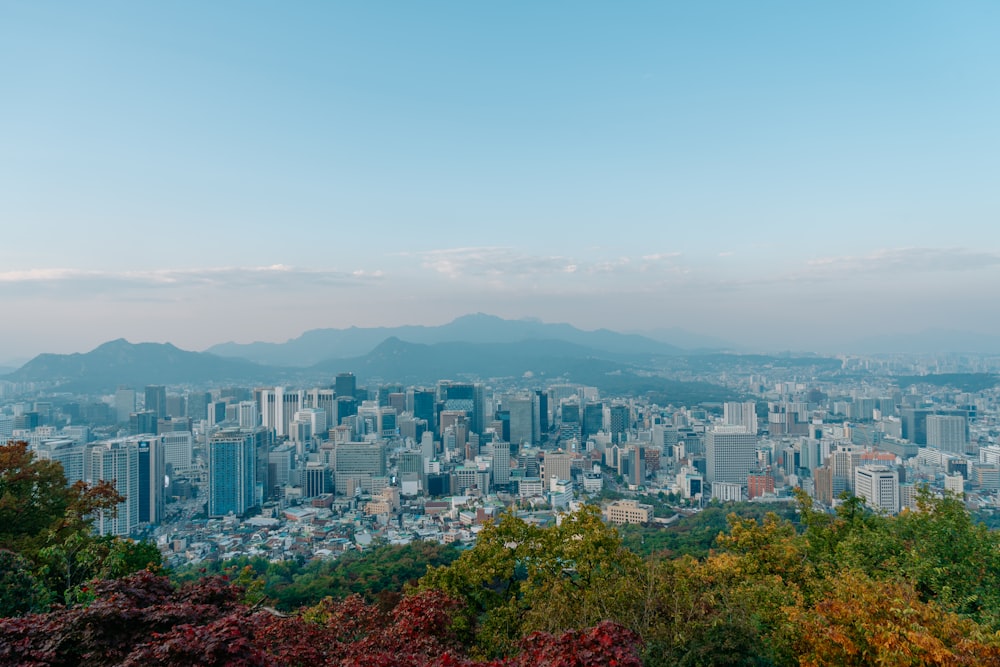 a view of a city with mountains in the background