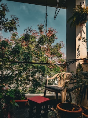 A cozy balcony corner with fresh decking and lush plants, inviting a conversation.