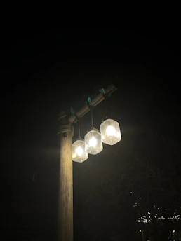 Warm glowing lantern hanging from a wooden post against a twilight coastal garden backdrop