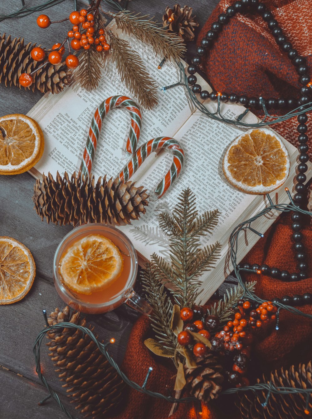 an open book surrounded by orange slices and christmas decorations