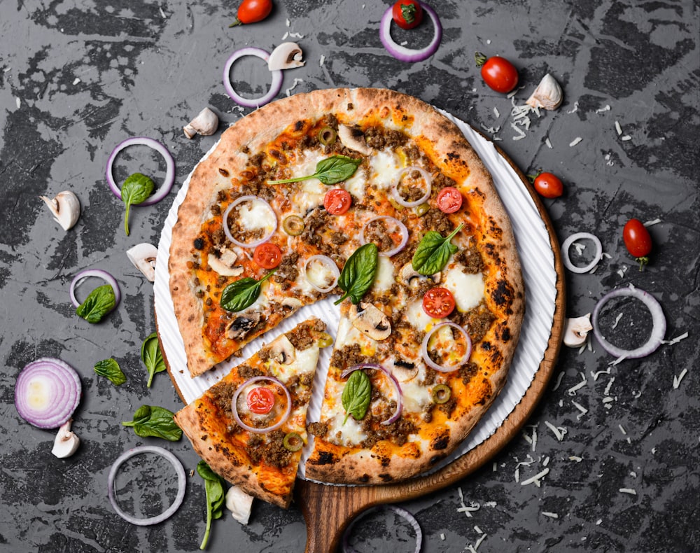 a pizza sitting on top of a white plate