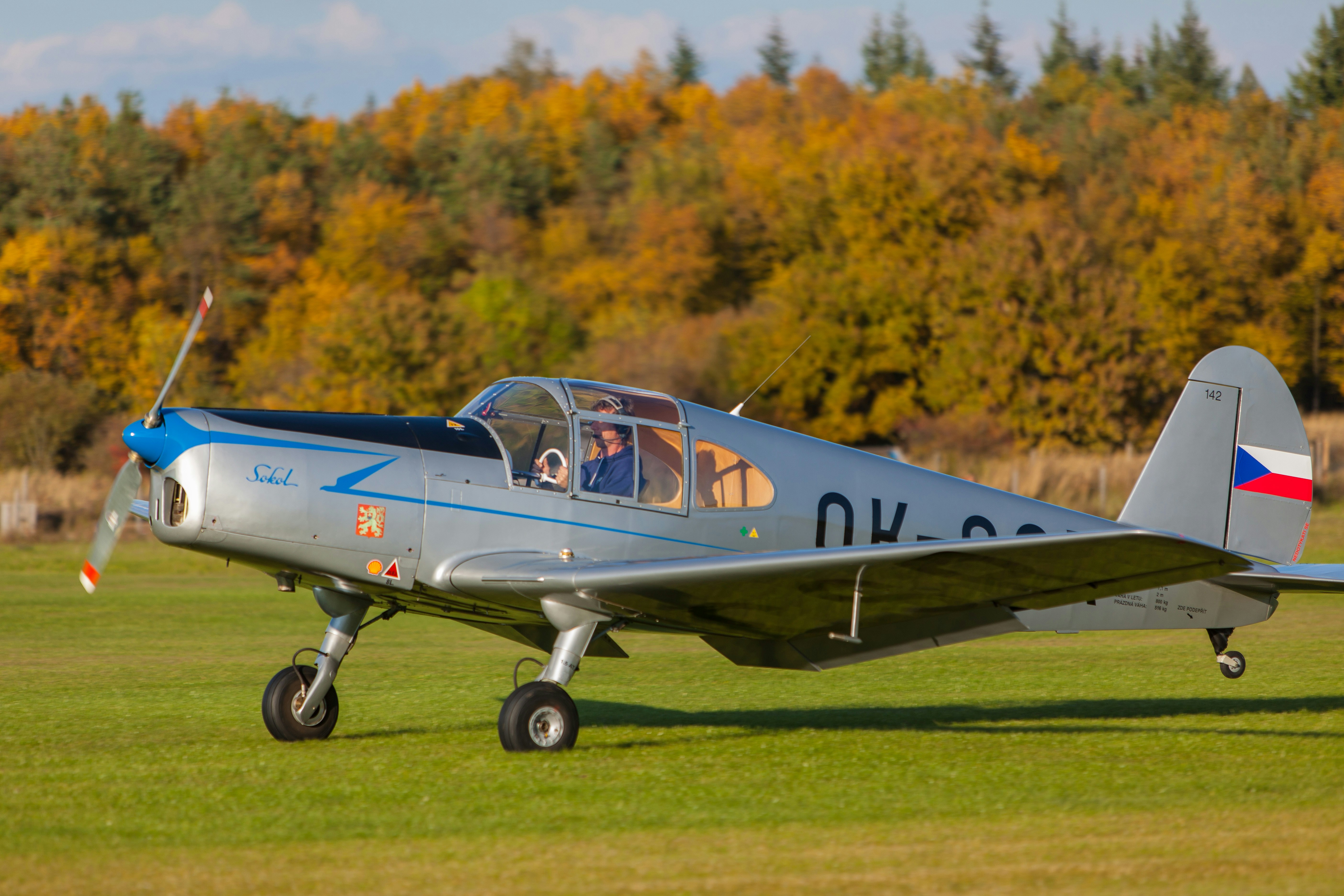 a small airplane sitting on top of a lush green field