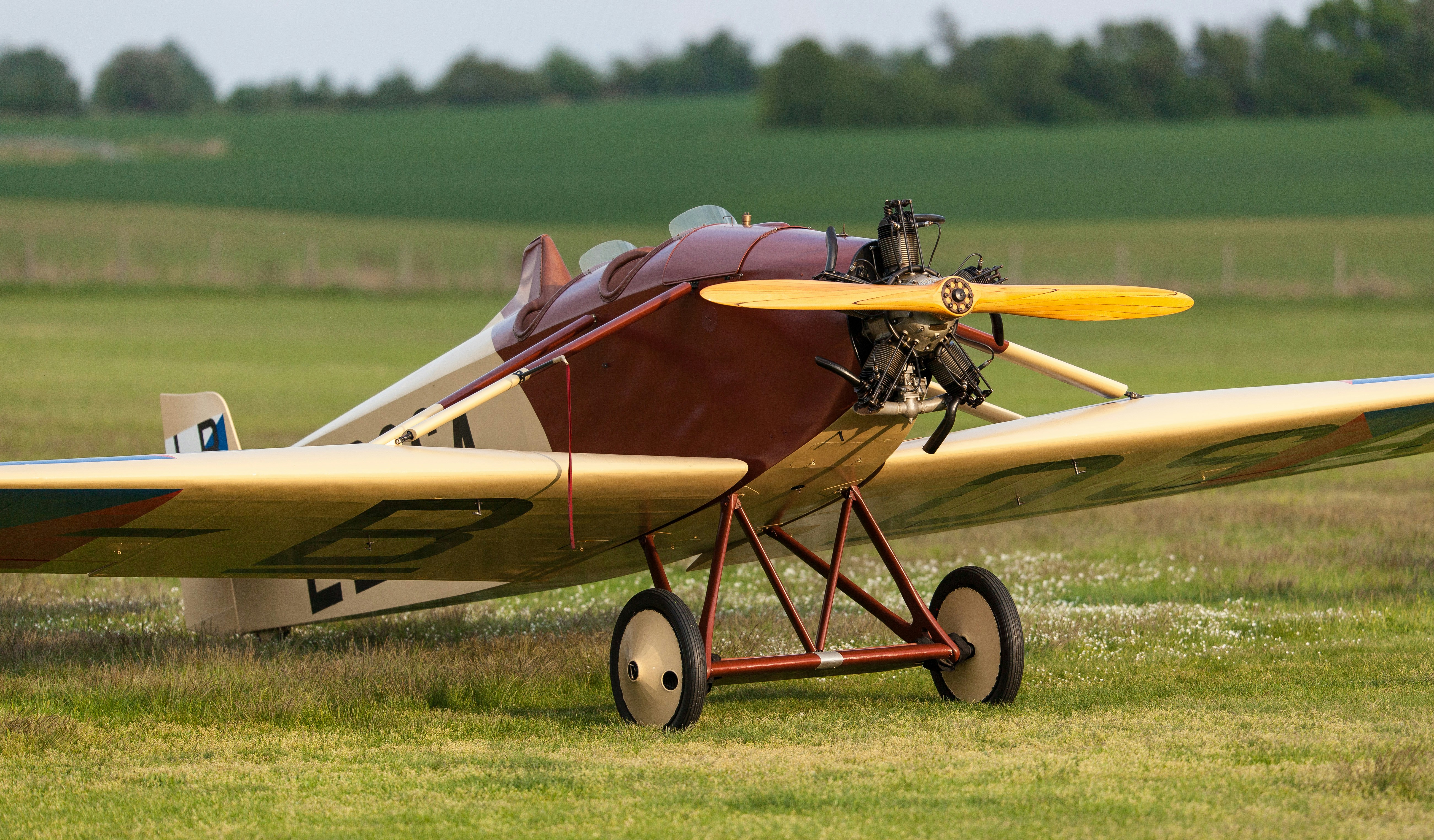 a small airplane sitting on top of a lush green field