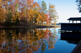 Charming lakeside cottage with a wooden dock and colorful autumn foliage.