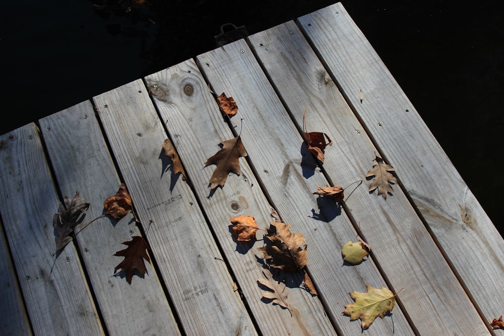 une terrasse en bois avec des feuilles dessus