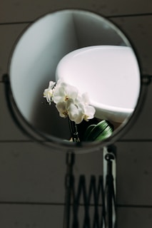 a mirror with a white flower in it