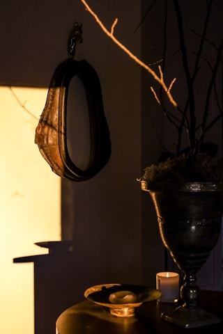 A dark, atmospheric setup featuring a round decorative mirror suspended from a hook shaped like a horse's head. Next to it, there is an ornate metallic vase containing dried branches and moss. A small white candle and a shallow dish with a round object rest on a nearby surface. The lighting is low, casting warm tones and deep shadows, with a soft glow coming from the background.