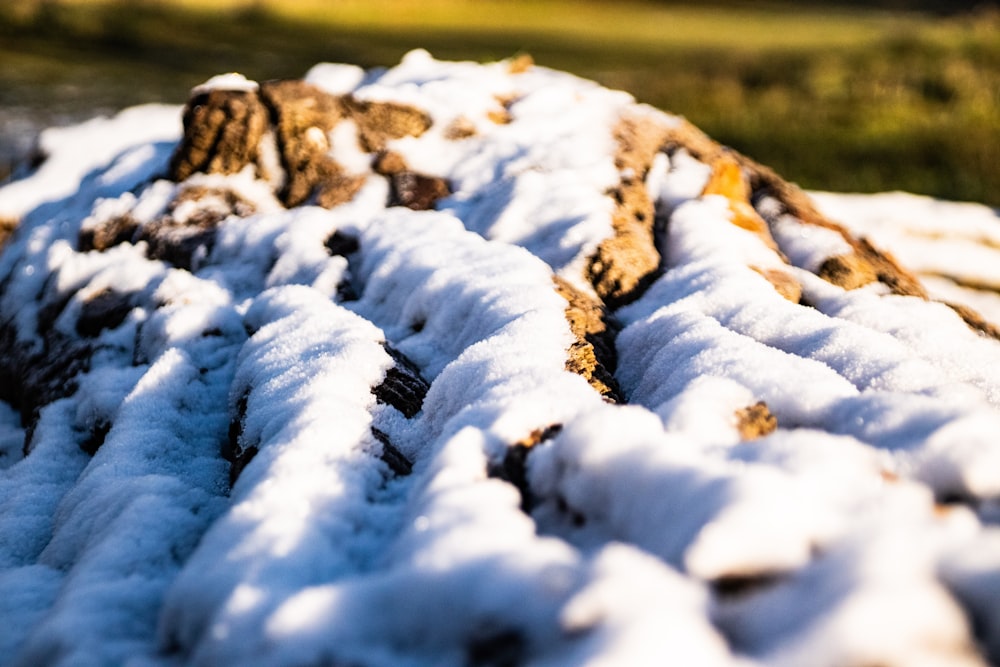 a pile of snow sitting on top of a wooden bench